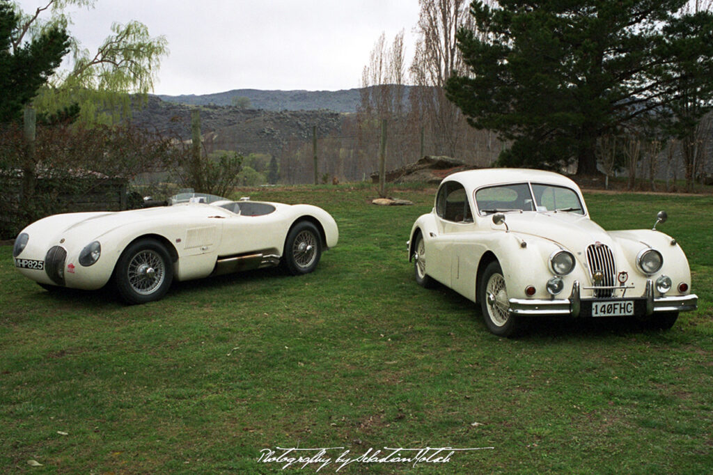 Jaguar C-Type and XK140 FHC in Alexandra New Zealand Photo by Sebastian Motsch