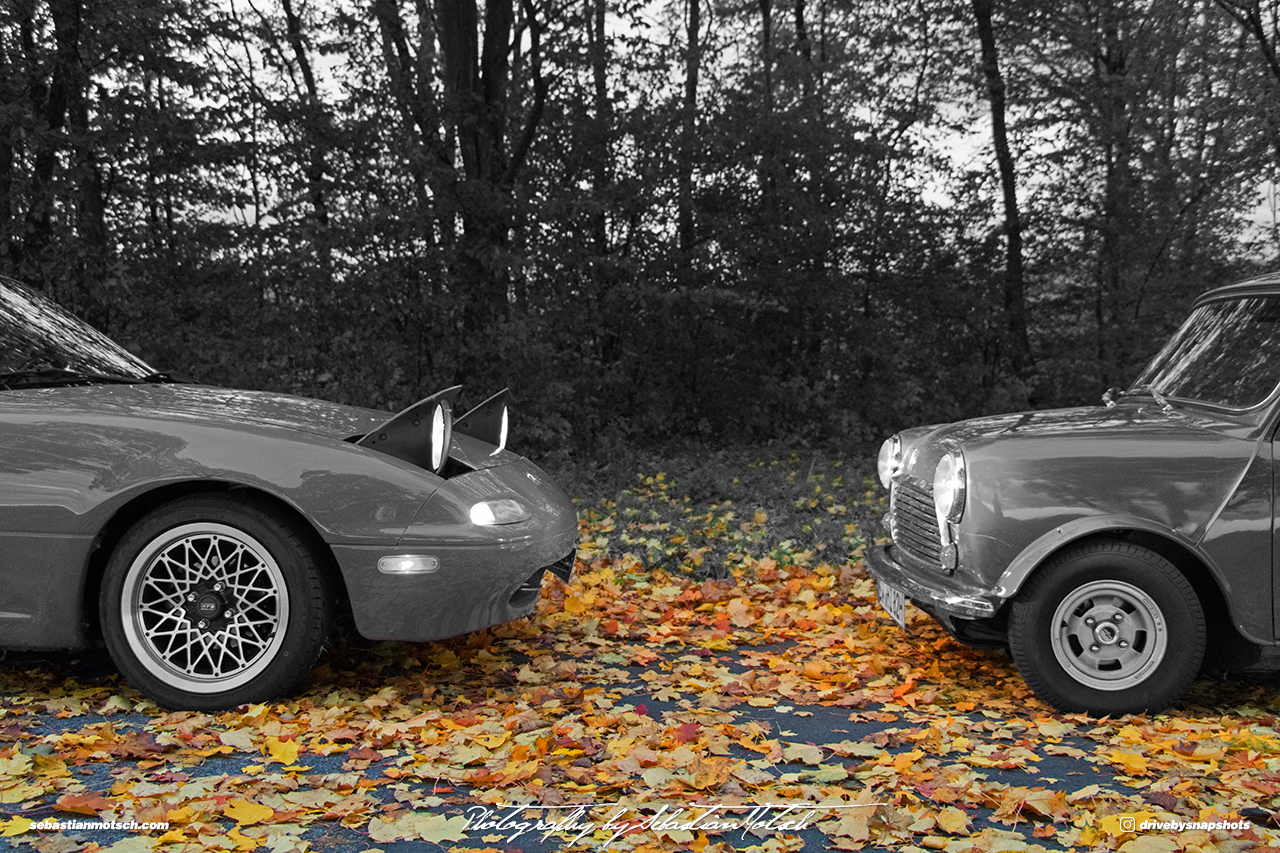 Mazda Miata NA and Austin Mini Fall Leaves by Sebastian Motsch