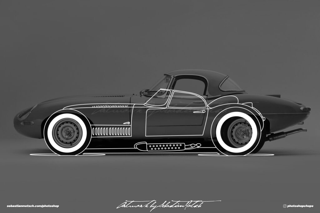 Jaguar E-Type Lightweight Hot Rod Line Drawing by Sebastian Motsch