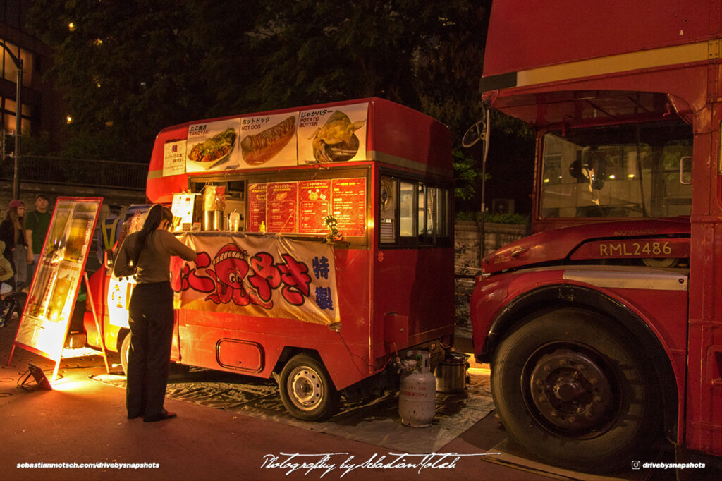 Subaru Sambar Food Truck and Routemaster Bus at Tokyo Tower Japan Drive-by Snapshots by Sebastian Motsch